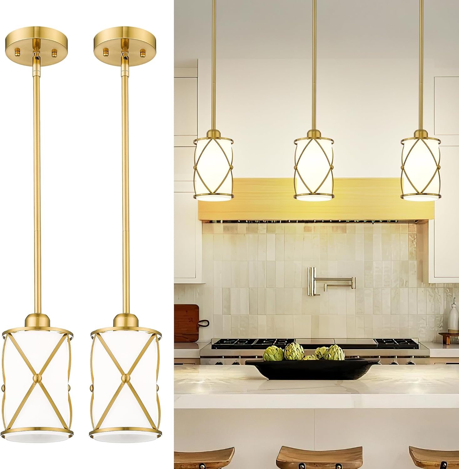 Glass Pendant Lights Kitchen Island 3 Pack, Black Kitchen Pendant Lighting Over Island with Rod, Modern Mini Hanging Light for Kitchen Sink Dining Room, CH9176BK-3PK - Grand Goldman