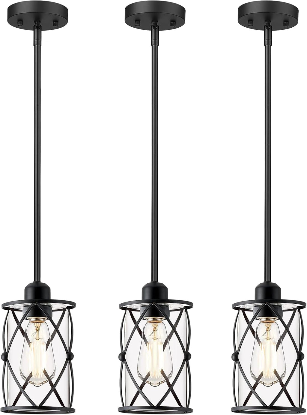 Glass Pendant Lights Kitchen Island 3 Pack, Black Kitchen Pendant Lighting Over Island with Rod, Modern Mini Hanging Light for Kitchen Sink Dining Room, CH9176BK-3PK - Grand Goldman