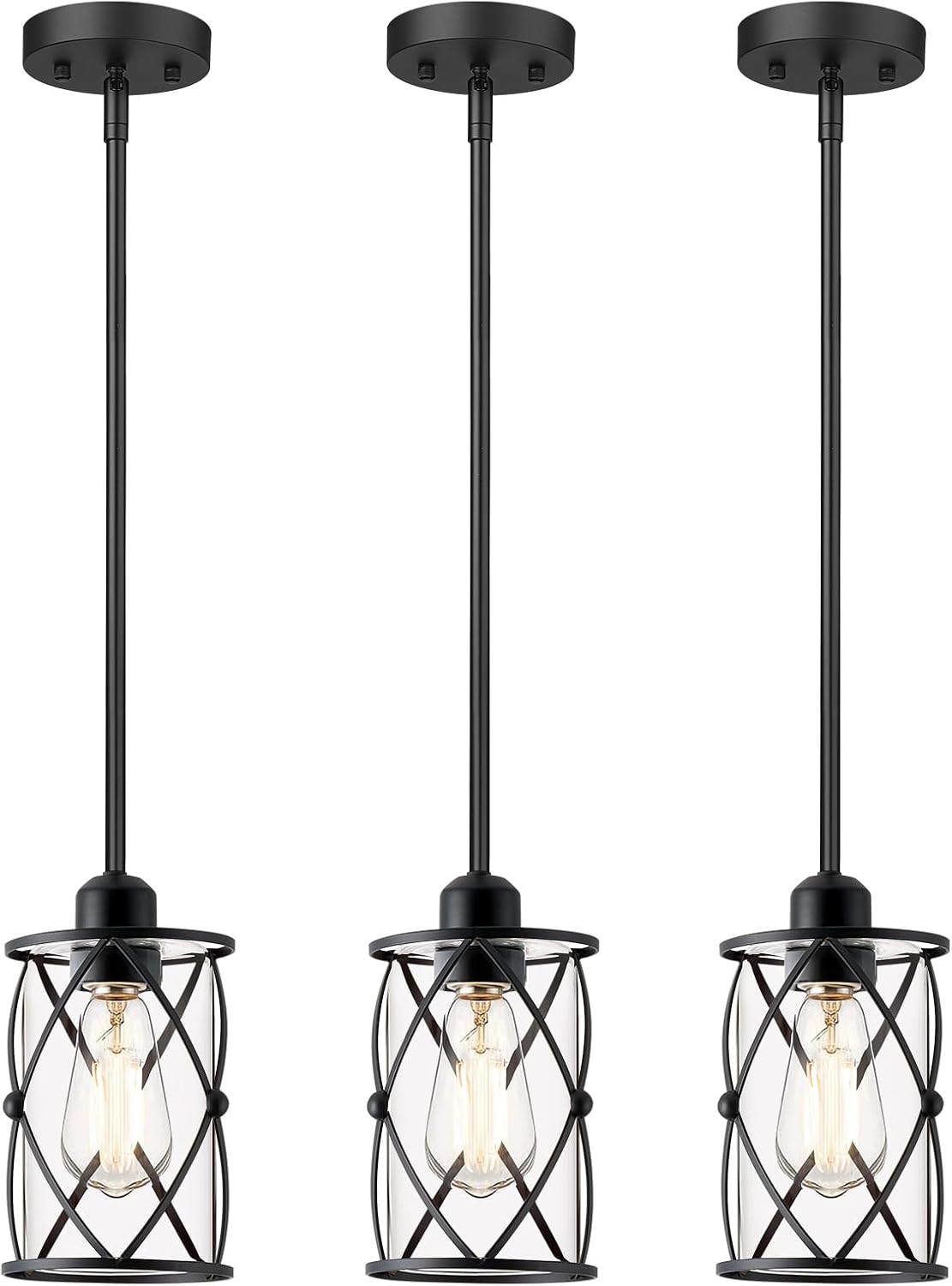 Glass Pendant Lights Kitchen Island 3 Pack, Black Kitchen Pendant Lighting Over Island with Rod, Modern Mini Hanging Light for Kitchen Sink Dining Room, CH9176BK-3PK - Grand Goldman