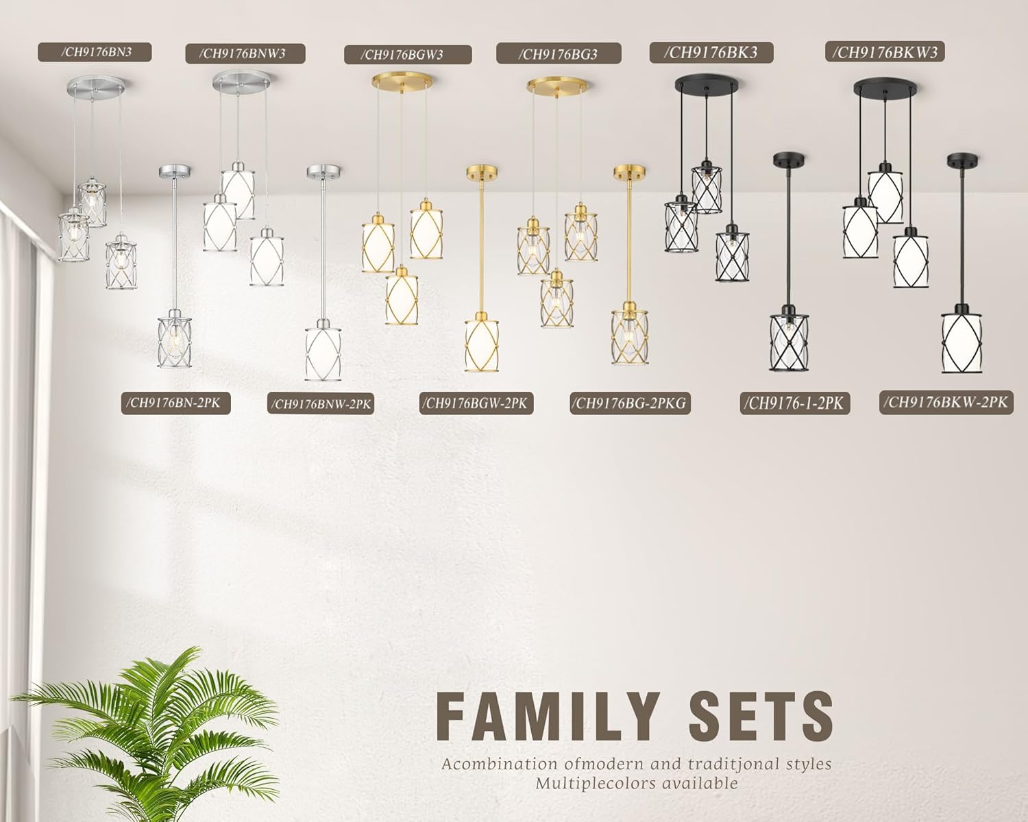 Glass Pendant Lights Kitchen Island 3 Pack, Black Kitchen Pendant Lighting Over Island with Rod, Modern Mini Hanging Light for Kitchen Sink Dining Room, CH9176BK-3PK - Grand Goldman