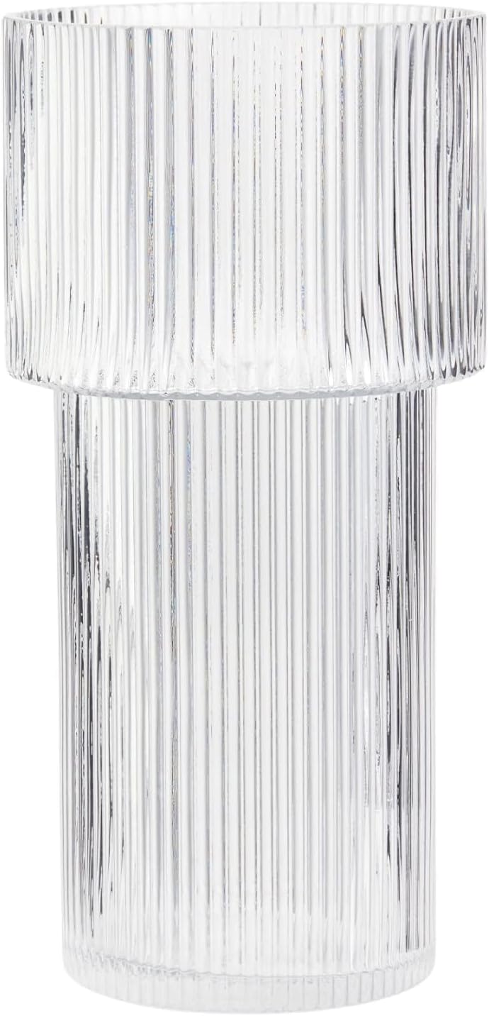 Glass Vase, Ribbed Vase, Flower Vase, Fluted Glass Vase, Clear Vase, Ribbed Glass Vase for Flowers, Modern Vase for Living Room, Dining Table, Entryway, Shelf, Wedding, Office, 7.5 Inches - Grand Goldman