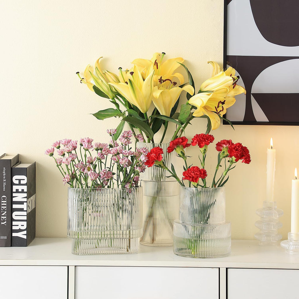 Glass Vase, Ribbed Vase, Flower Vase, Fluted Glass Vase, Clear Vase, Ribbed Glass Vase for Flowers, Modern Vase for Living Room, Dining Table, Entryway, Shelf, Wedding, Office, 7.5 Inches - Grand Goldman