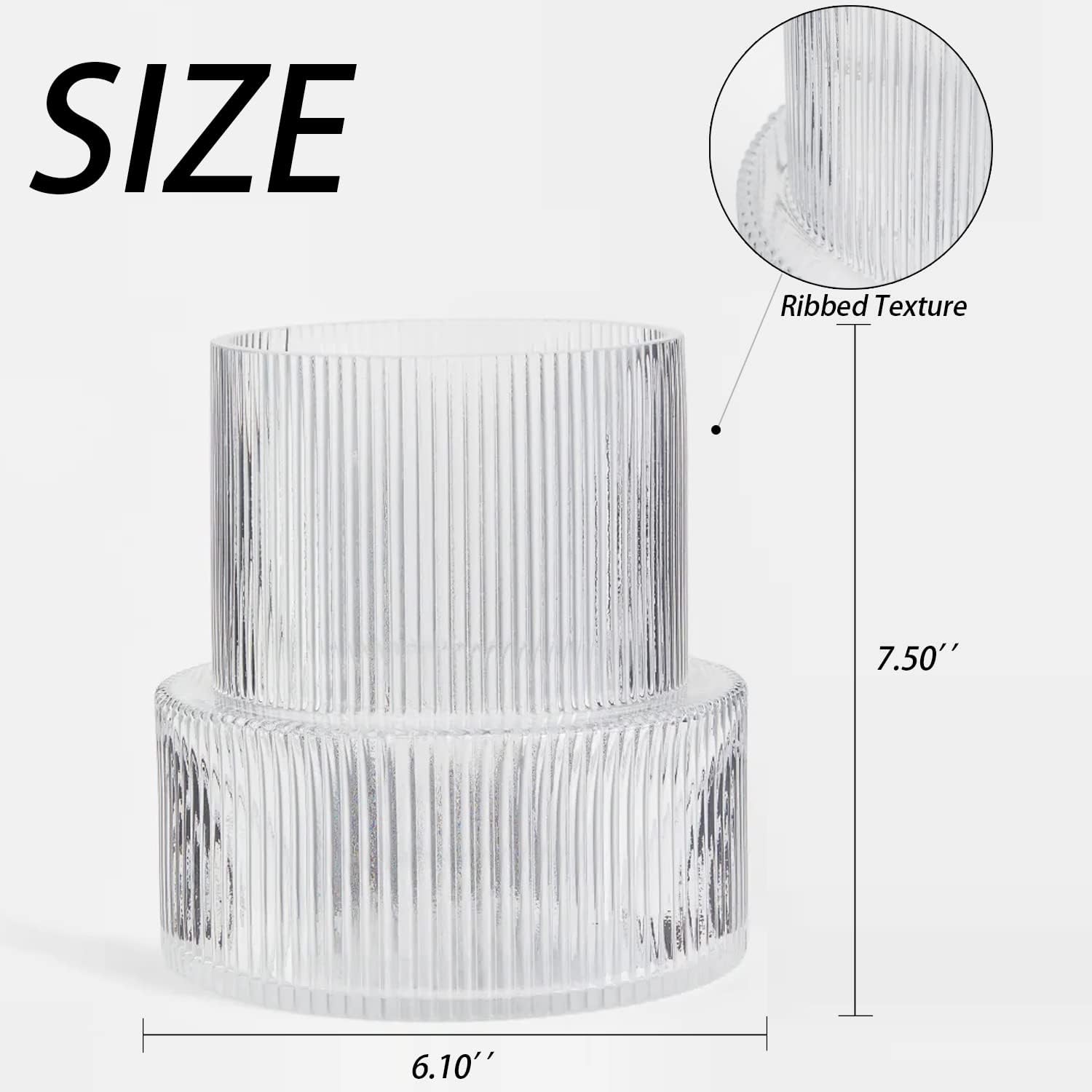Glass Vase, Ribbed Vase, Flower Vase, Fluted Glass Vase, Clear Vase, Ribbed Glass Vase for Flowers, Modern Vase for Living Room, Dining Table, Entryway, Shelf, Wedding, Office, 7.5 Inches - Grand Goldman
