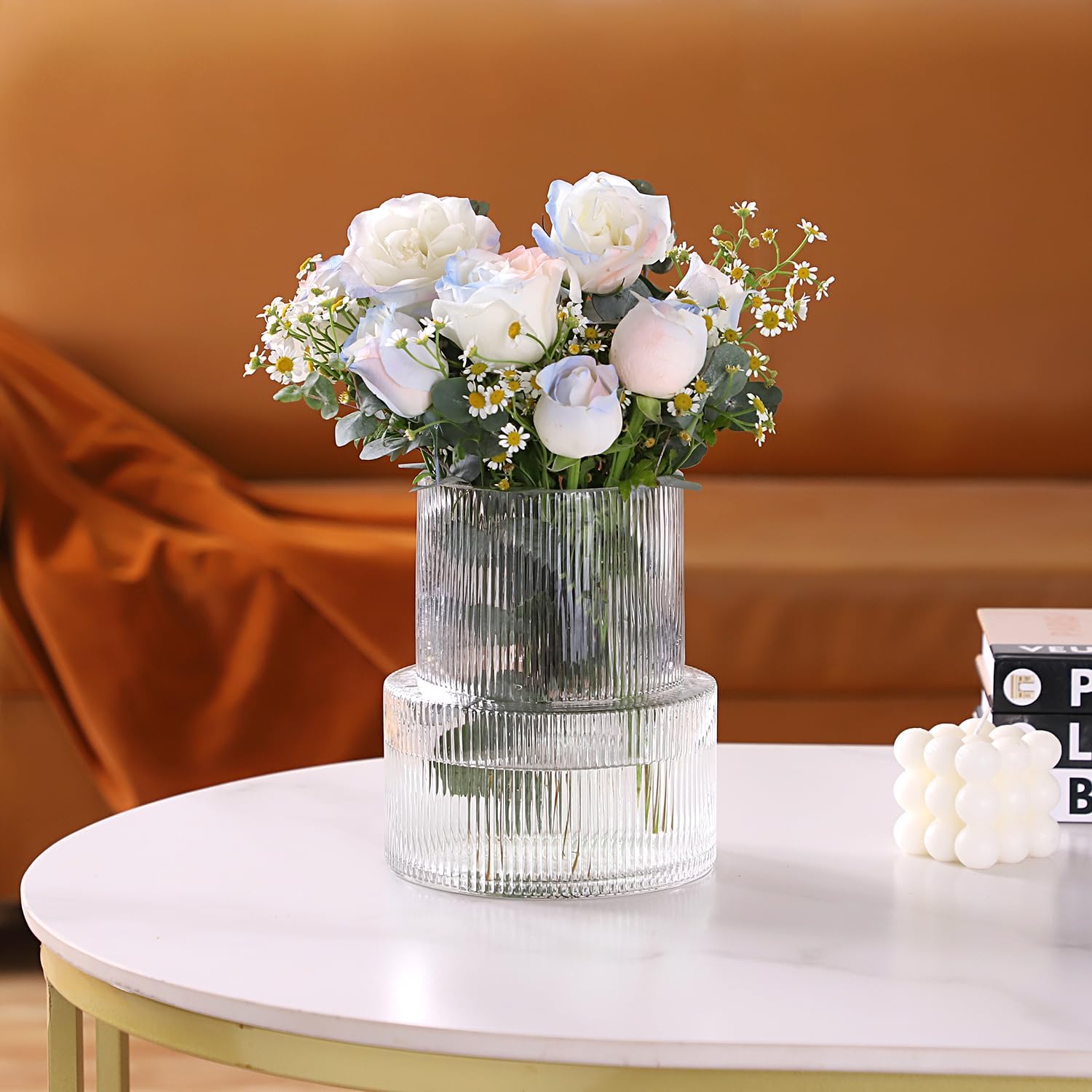 Glass Vase, Ribbed Vase, Flower Vase, Fluted Glass Vase, Clear Vase, Ribbed Glass Vase for Flowers, Modern Vase for Living Room, Dining Table, Entryway, Shelf, Wedding, Office, 7.5 Inches - Grand Goldman