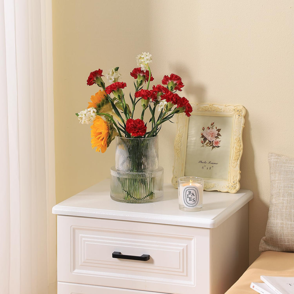 Glass Vase, Ribbed Vase, Flower Vase, Fluted Glass Vase, Clear Vase, Ribbed Glass Vase for Flowers, Modern Vase for Living Room, Dining Table, Entryway, Shelf, Wedding, Office, 7.5 Inches - Grand Goldman