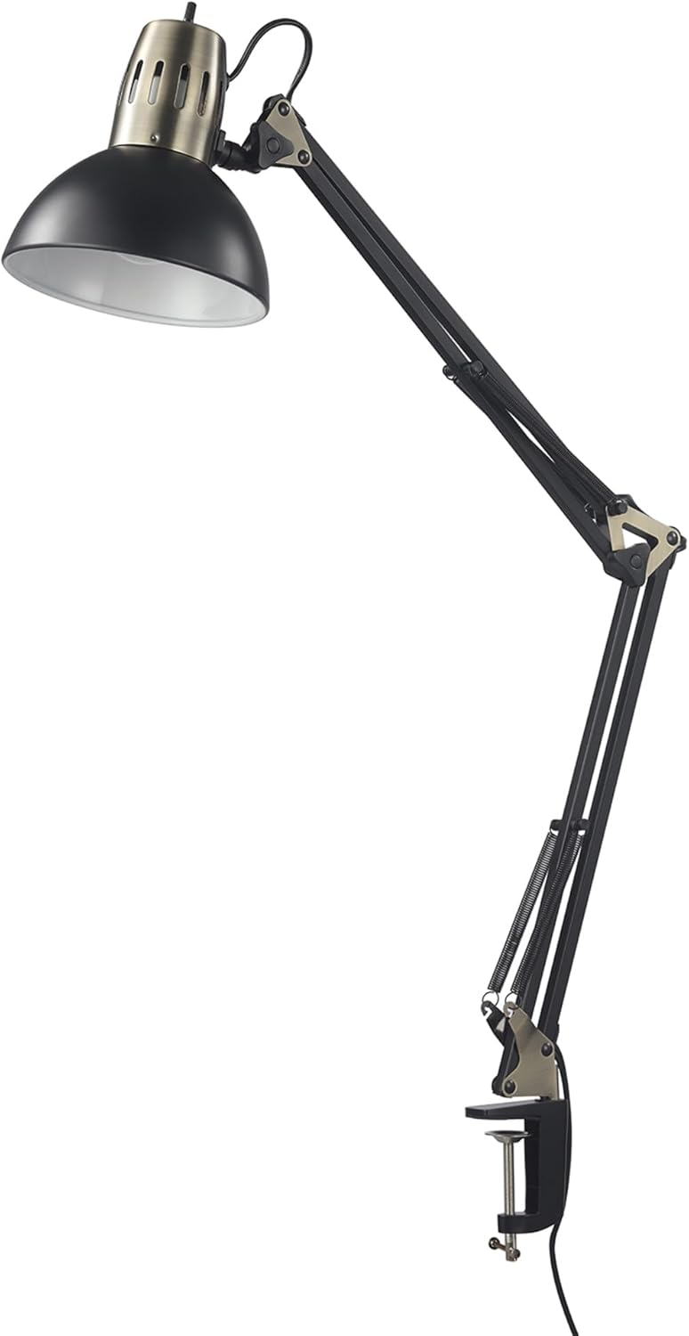 Globe Electric 56963 31.5" Multi-Joint Desk Lamp with Metal Clamp, Black, On/Off Rotary Switch on Shade, Partially Adjustable Swing Arm, Home Essentials, Reading Light, Office Décor - Grand Goldman