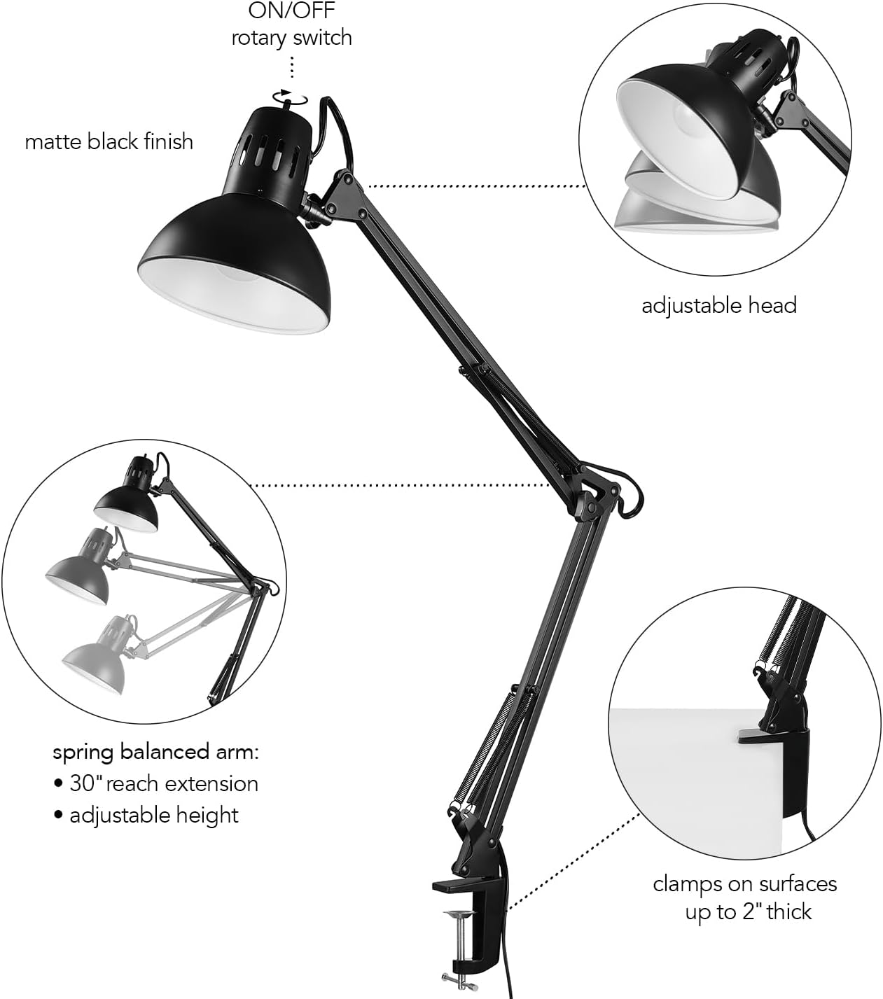 Globe Electric 56963 31.5" Multi-Joint Desk Lamp with Metal Clamp, Black, On/Off Rotary Switch on Shade, Partially Adjustable Swing Arm, Home Essentials, Reading Light, Office Décor - Grand Goldman