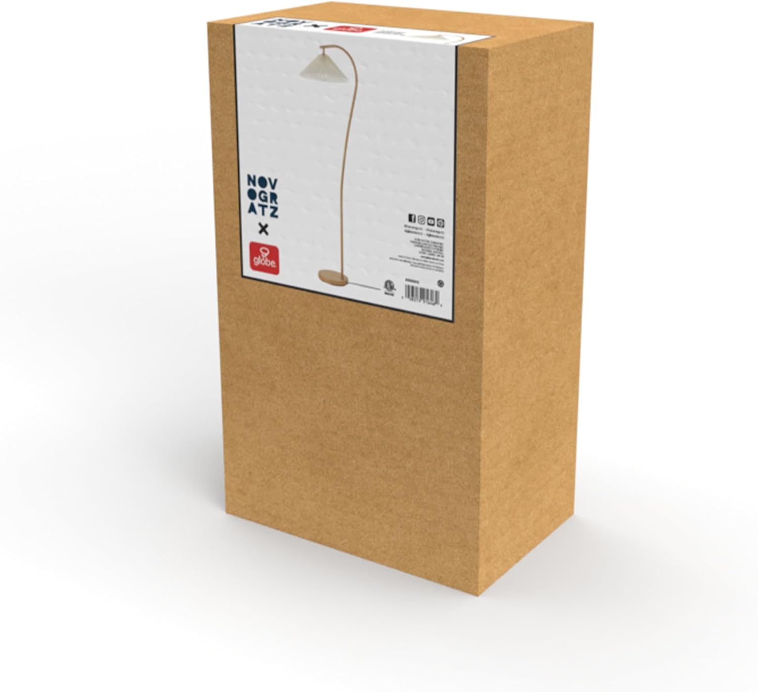 Globe Electric Novogratz x 61000043 Novogratz x Globe 62" Floor Lamp, Faux Wood Finish, White Pleated Fabric Shade, Pivot Joint on Shade, in -Line On/Off Foot Switch, Black Cord, Reading Lamp - Grand Goldman