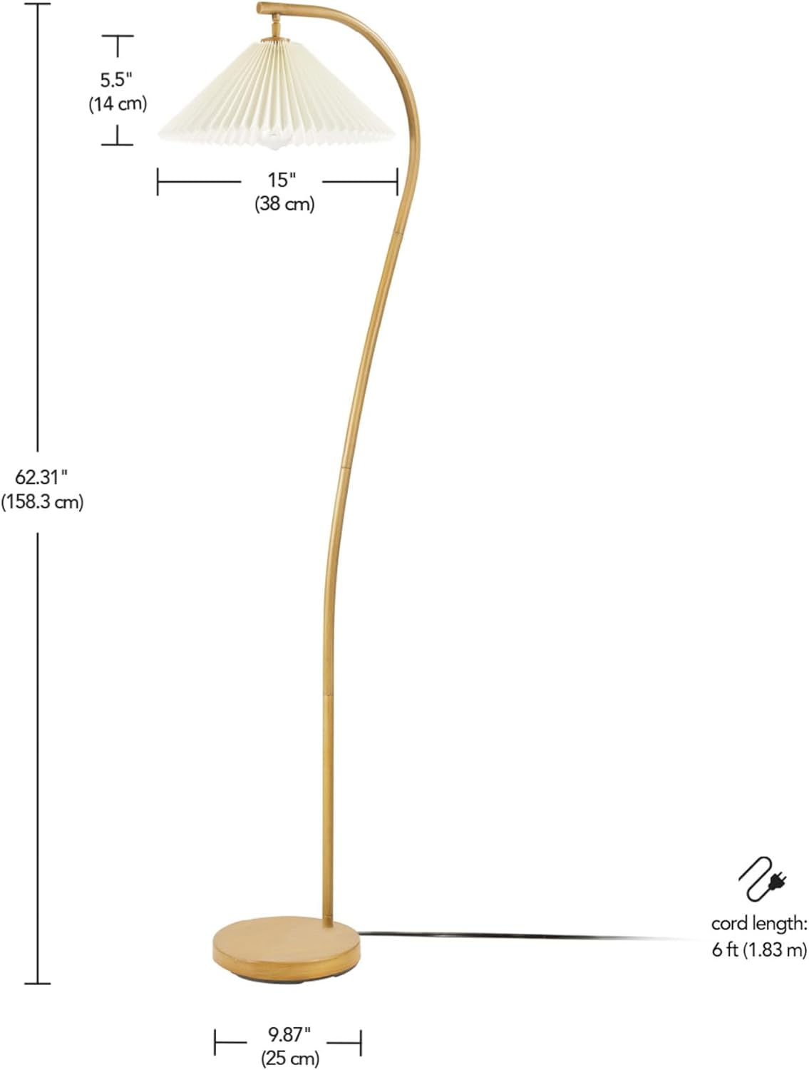 Globe Electric Novogratz x 61000043 Novogratz x Globe 62" Floor Lamp, Faux Wood Finish, White Pleated Fabric Shade, Pivot Joint on Shade, in -Line On/Off Foot Switch, Black Cord, Reading Lamp - Grand Goldman