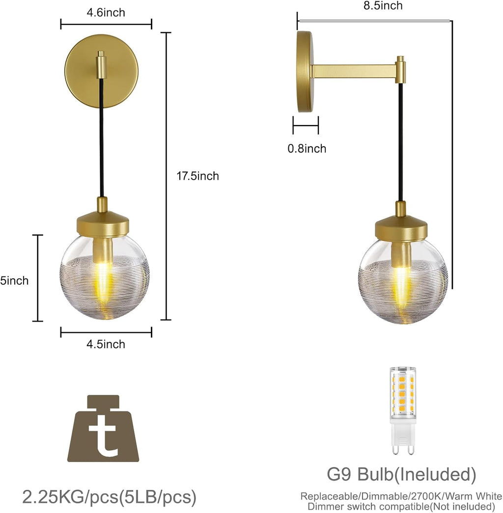 Globe Wall Sconce Gold,Carved Striped Glass Bathroom Sconces Rope Wall Light Bedside Vanity Lighting Fixtures Hardwired Indoor Wall Lamp Modern Wall Sconces for Living Room Bedroom Hallway (2-Pack ) - Grand Goldman