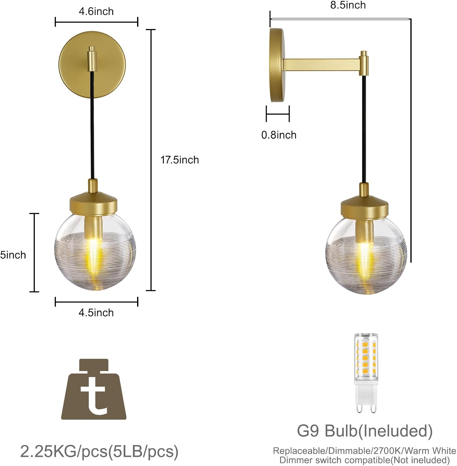 Globe Wall Sconce Gold,Carved Striped Glass Bathroom Sconces Rope Wall Light Bedside Vanity Lighting Fixtures Hardwired Indoor Wall Lamp Modern Wall Sconces for Living Room Bedroom Hallway (2-Pack ) - Grand Goldman