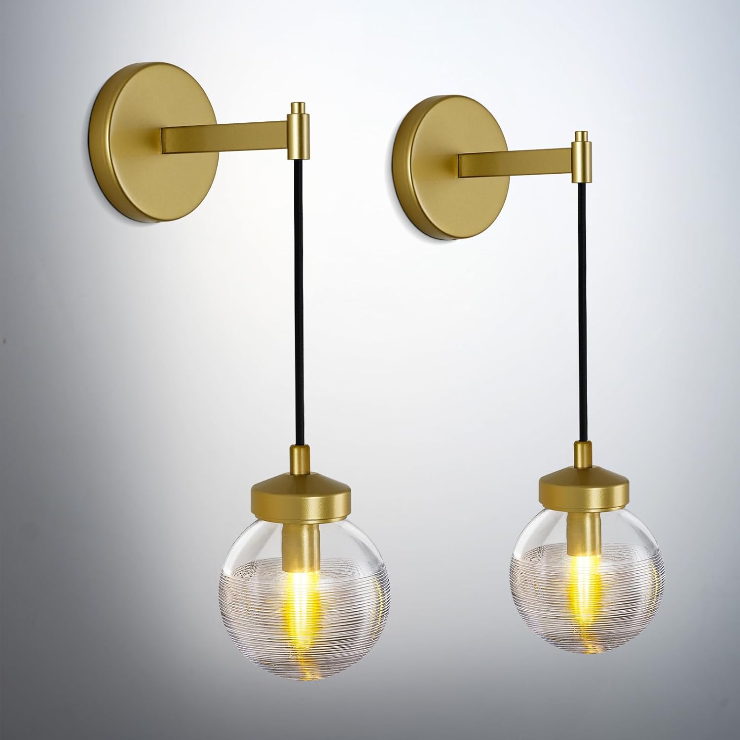 Globe Wall Sconce Gold,Carved Striped Glass Bathroom Sconces Rope Wall Light Bedside Vanity Lighting Fixtures Hardwired Indoor Wall Lamp Modern Wall Sconces for Living Room Bedroom Hallway (2-Pack ) - Grand Goldman