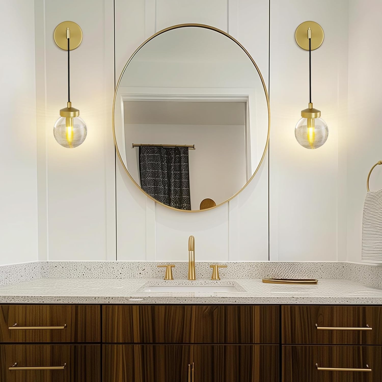 Globe Wall Sconce Gold,Carved Striped Glass Bathroom Sconces Rope Wall Light Bedside Vanity Lighting Fixtures Hardwired Indoor Wall Lamp Modern Wall Sconces for Living Room Bedroom Hallway (2-Pack ) - Grand Goldman