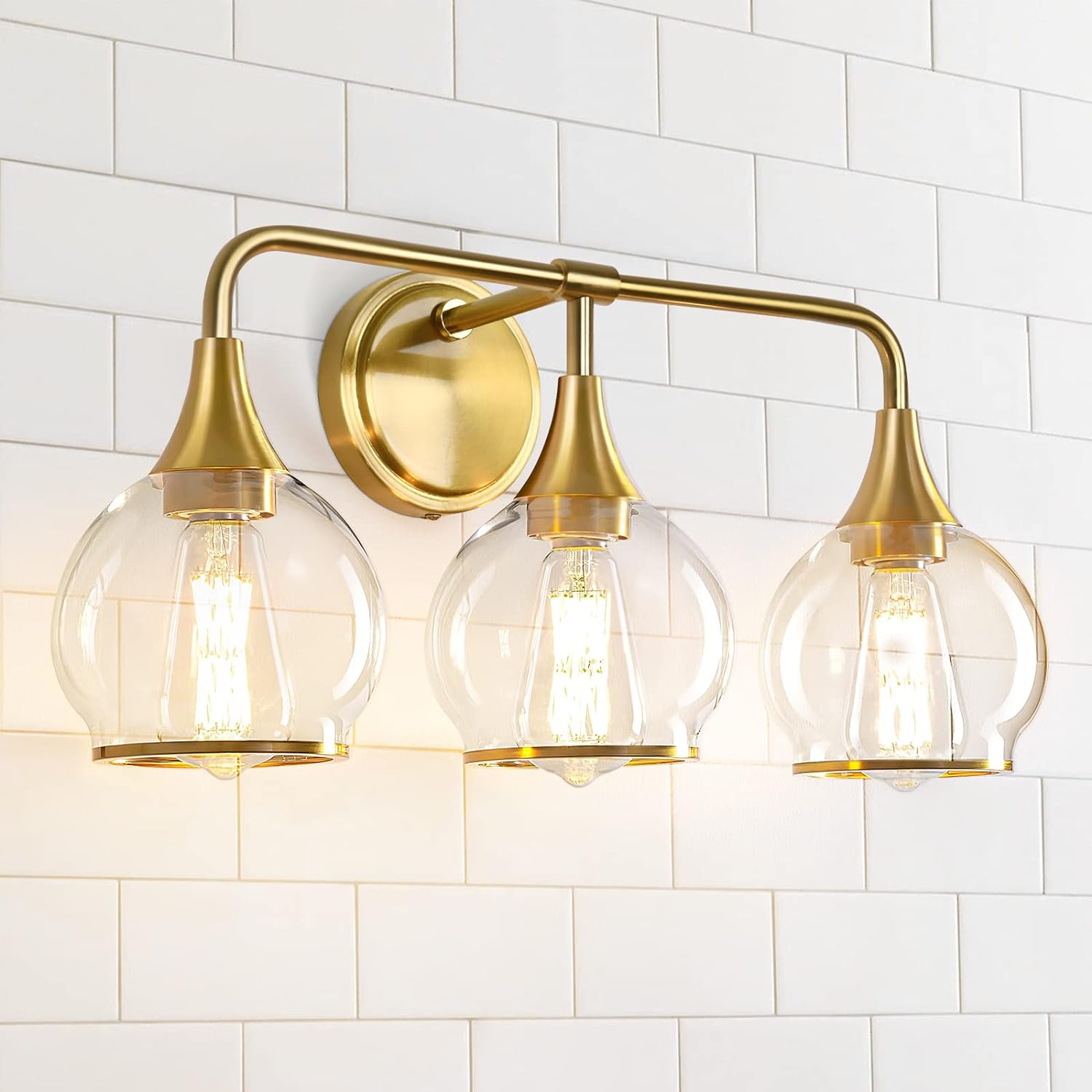 Gold Bathroom Vanity Light 3-Lights Bathroom Light Fixtures Over Mirror with Clear Glass Shade 22.4 inch Wall Sconce Lighting Bath(Exclude E26 Bulb) - Grand Goldman