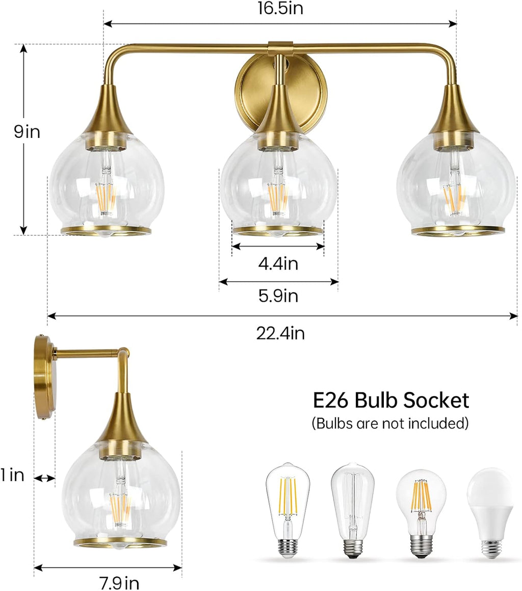 Gold Bathroom Vanity Light 3-Lights Bathroom Light Fixtures Over Mirror with Clear Glass Shade 22.4 inch Wall Sconce Lighting Bath(Exclude E26 Bulb) - Grand Goldman