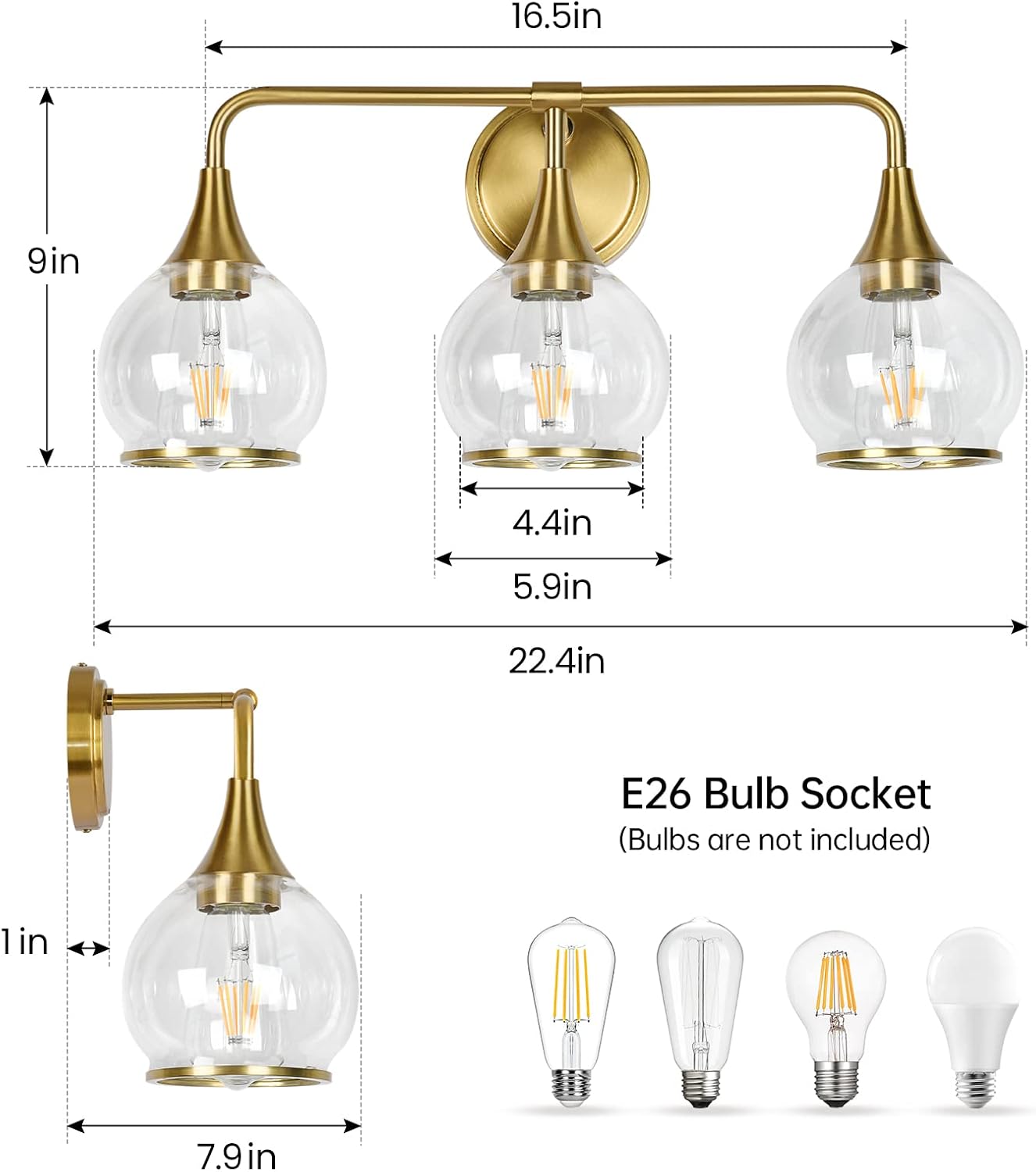 Gold Bathroom Vanity Light 3-Lights Bathroom Light Fixtures Over Mirror with Clear Glass Shade 22.4 inch Wall Sconce Lighting Bath(Exclude E26 Bulb) - Grand Goldman