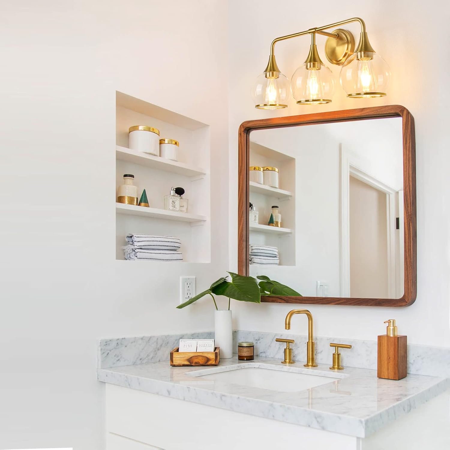Gold Bathroom Vanity Light 3-Lights Bathroom Light Fixtures Over Mirror with Clear Glass Shade 22.4 inch Wall Sconce Lighting Bath(Exclude E26 Bulb) - Grand Goldman