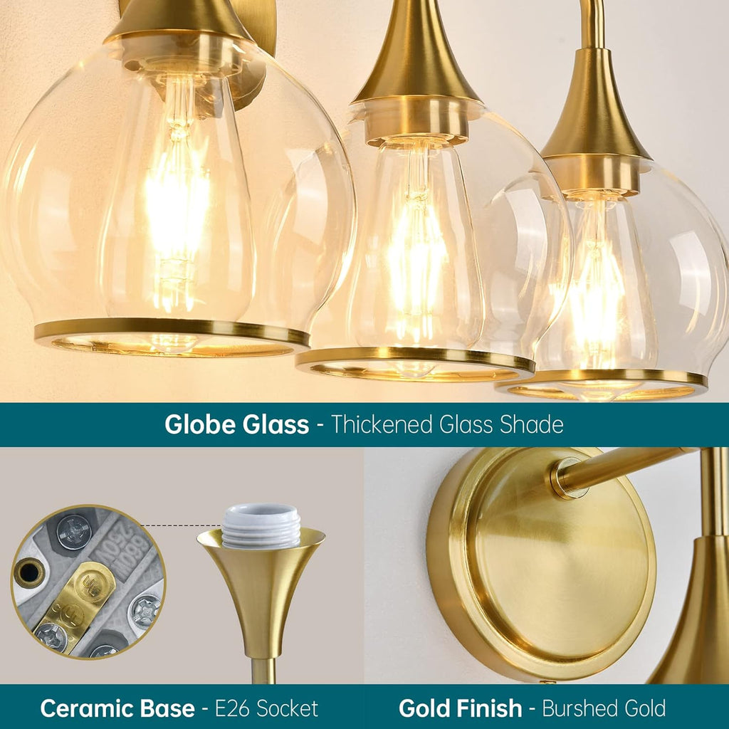 Gold Bathroom Vanity Light 3-Lights Bathroom Light Fixtures Over Mirror with Clear Glass Shade 22.4 inch Wall Sconce Lighting Bath(Exclude E26 Bulb) - Grand Goldman