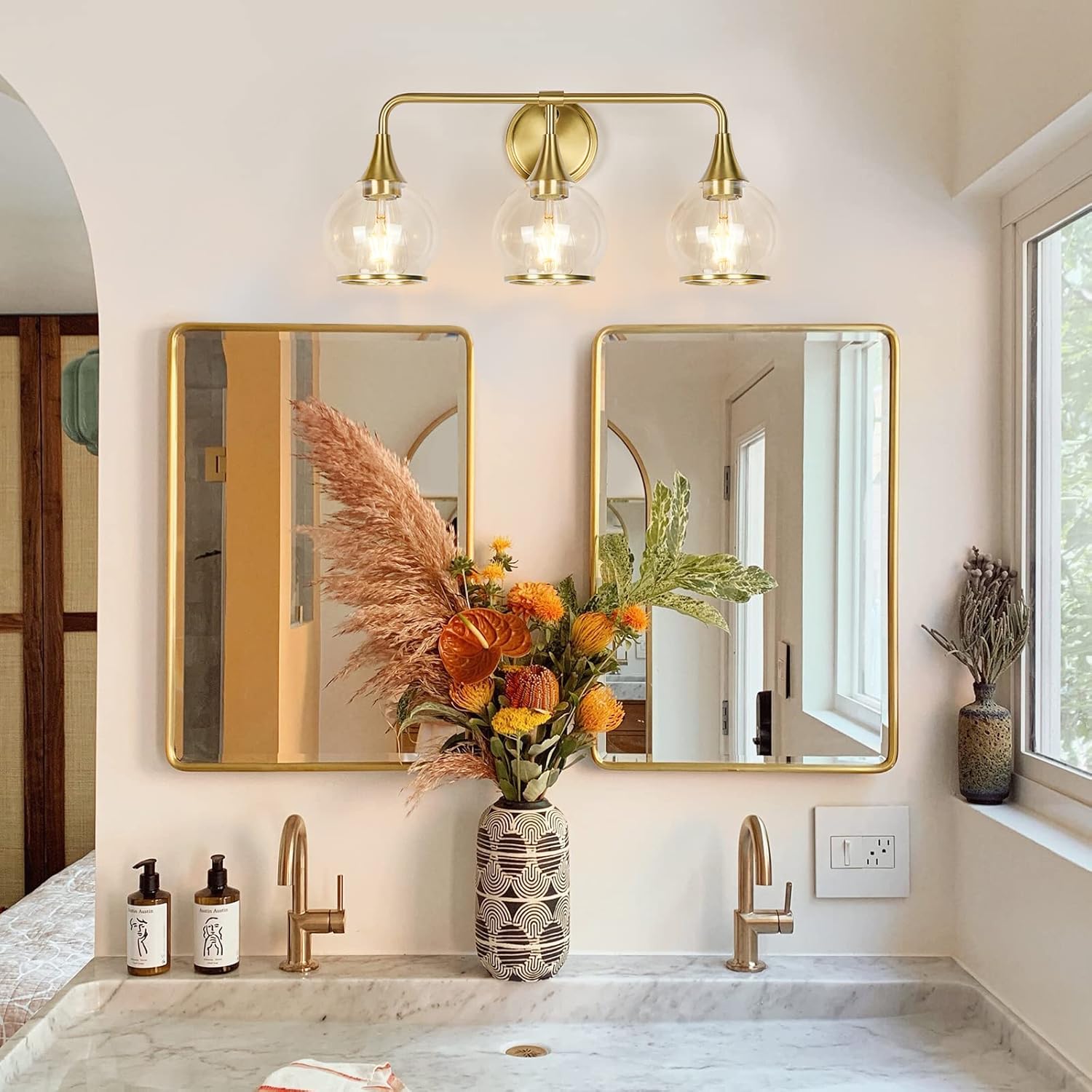 Gold Bathroom Vanity Light 3-Lights Bathroom Light Fixtures Over Mirror with Clear Glass Shade 22.4 inch Wall Sconce Lighting Bath(Exclude E26 Bulb) - Grand Goldman