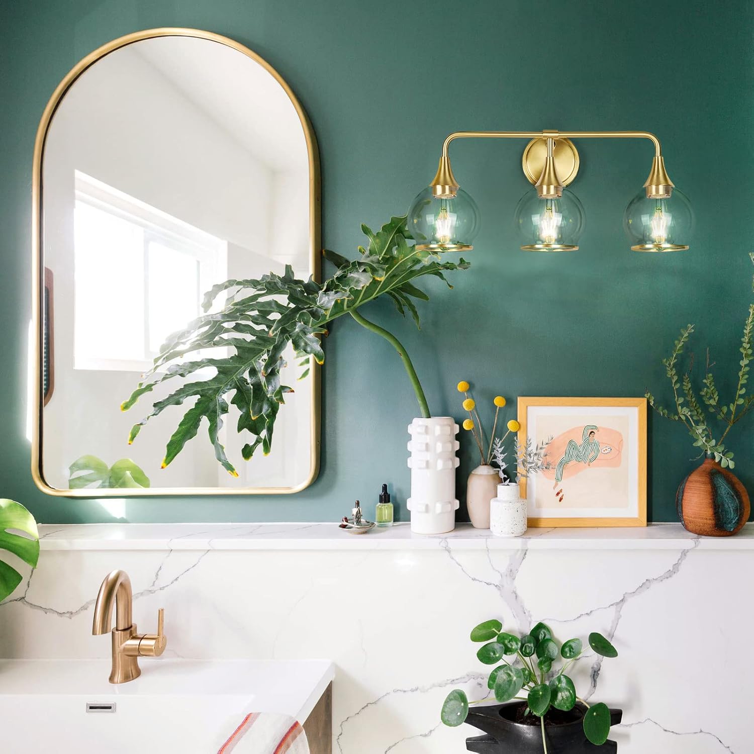 Gold Bathroom Vanity Light 3-Lights Bathroom Light Fixtures Over Mirror with Clear Glass Shade 22.4 inch Wall Sconce Lighting Bath(Exclude E26 Bulb) - Grand Goldman