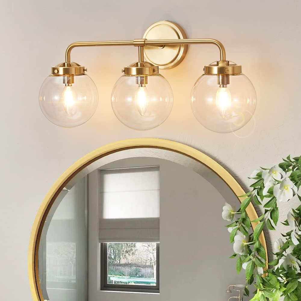 Gold Bathroom Vanity Light Fixtures Over Mirror, Modern Brass 3 Lights Wall Sconce with Milky Glass Ball Shade, Mid Century Farmhouse Vanity Lighting - Grand Goldman