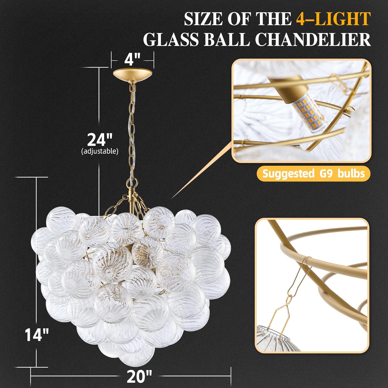 Gold Bubble Chandelier Lighting Dia 20" Swirled Clear Ribbed Hand Blown Glass Ball Chandeliers Hanging Decorative Light Fixture for Living Room Hallway Entryway Foyer Dining Room - Grand Goldman