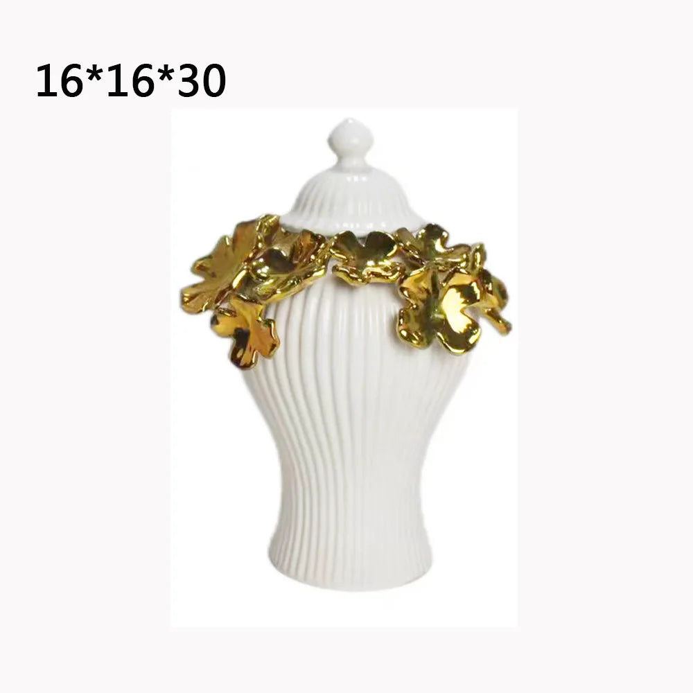 Gold Ceramic Storage Jar Embossed Flower Ceramic Fringe Checkmate Can Porcelain Ornament Ginger Jar Flower Vase Home Decoration - Grand Goldman