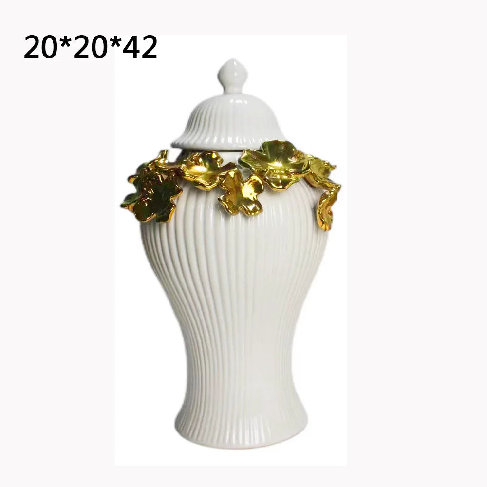 Gold Ceramic Storage Jar Embossed Flower Ceramic Fringe Checkmate Can Porcelain Ornament Ginger Jar Flower Vase Home Decoration - Grand Goldman