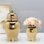 Gold Ceramic Vase, Ginger Jar, Tea Jar with Cover, Home Decoration, Living Room Table Storage Jar, Chinese Porcelain Crafts - Grand Goldman