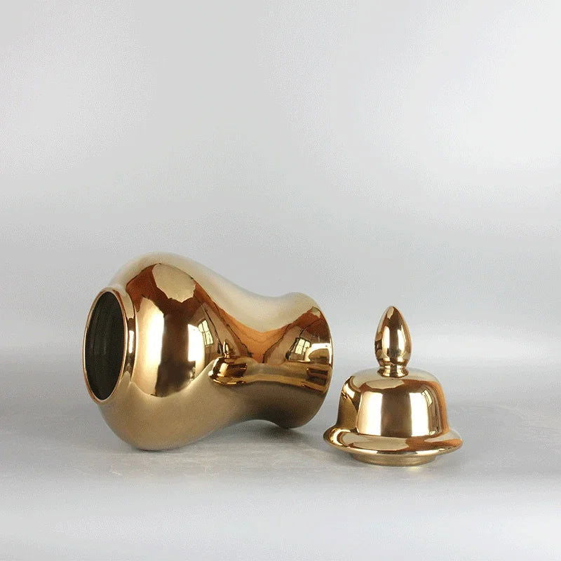 Gold Ceramic Vase, Ginger Jar, Tea Jar with Cover, Home Decoration, Living Room Table Storage Jar, Chinese Porcelain Crafts - Grand Goldman