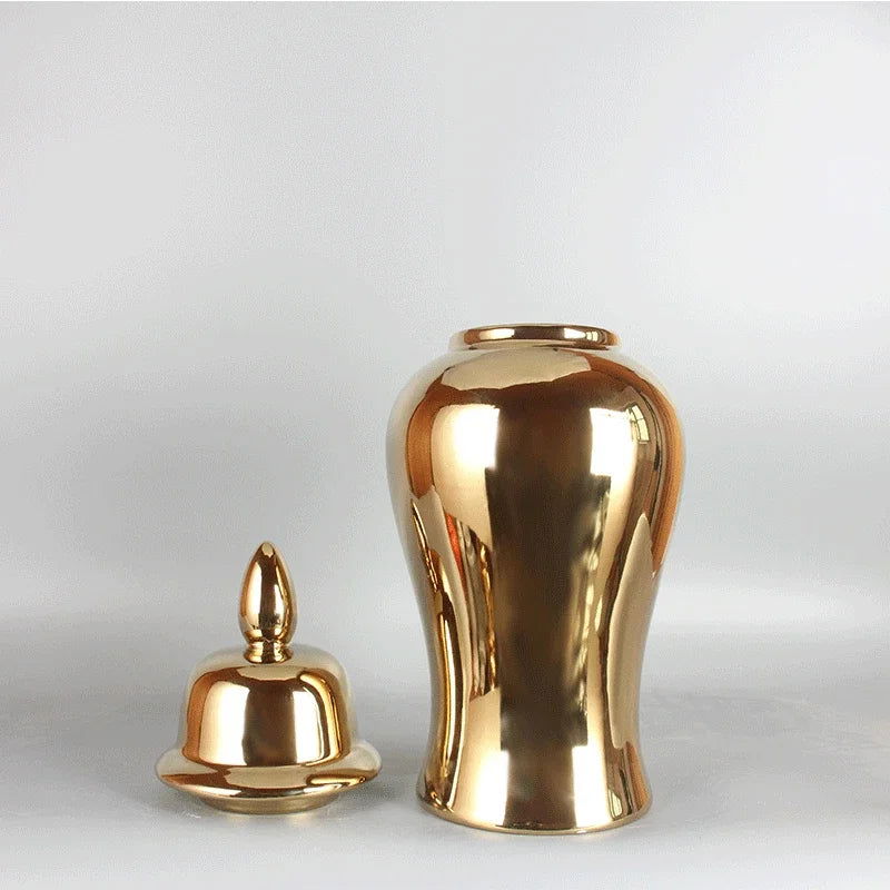 Gold Ceramic Vase, Ginger Jar, Tea Jar with Cover, Home Decoration, Living Room Table Storage Jar, Chinese Porcelain Crafts - Grand Goldman