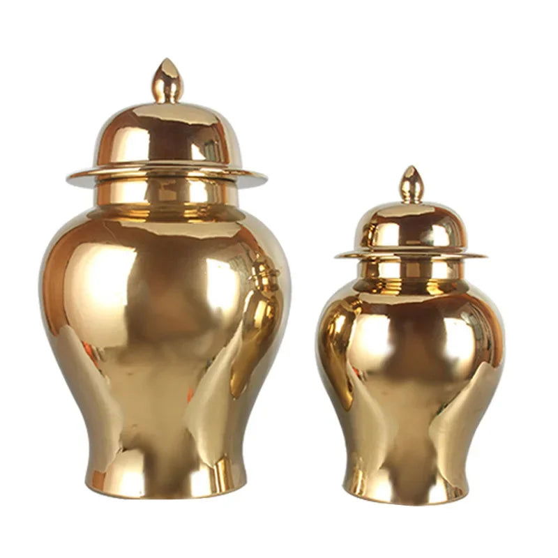 Gold Ceramic Vase, Ginger Jar, Tea Jar with Cover, Home Decoration, Living Room Table Storage Jar, Chinese Porcelain Crafts - Grand Goldman