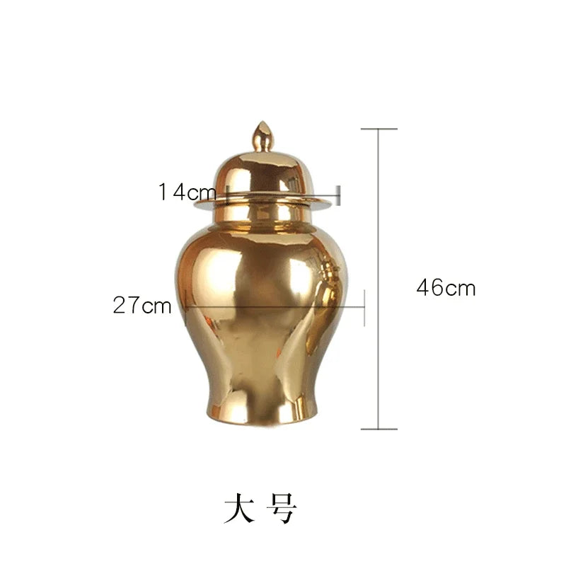 Gold Ceramic Vase, Ginger Jar, Tea Jar with Cover, Home Decoration, Living Room Table Storage Jar, Chinese Porcelain Crafts - Grand Goldman