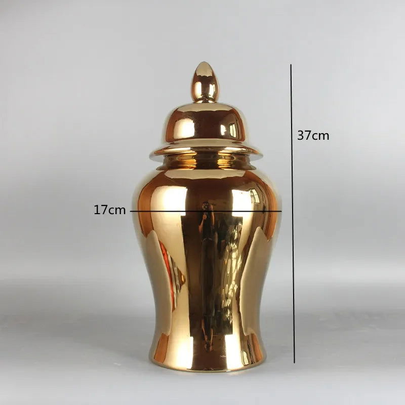 Gold Ceramic Vase, Ginger Jar, Tea Jar with Cover, Home Decoration, Living Room Table Storage Jar, Chinese Porcelain Crafts - Grand Goldman