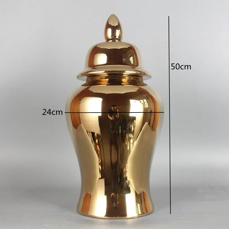 Gold Ceramic Vase, Ginger Jar, Tea Jar with Cover, Home Decoration, Living Room Table Storage Jar, Chinese Porcelain Crafts - Grand Goldman