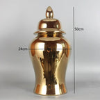 Gold Ceramic Vase, Ginger Jar, Tea Jar with Cover, Home Decoration, Living Room Table Storage Jar, Chinese Porcelain Crafts - Grand Goldman