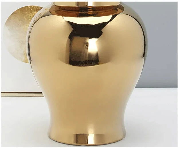 Gold Ceramic Vase, Ginger Jar, Tea Jar with Cover, Home Decoration, Living Room Table Storage Jar, Chinese Porcelain Crafts - Grand Goldman