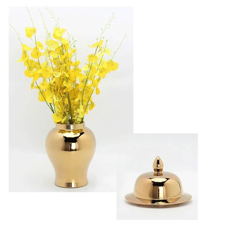 Gold Ceramic Vase, Ginger Jar, Tea Jar with Cover, Home Decoration, Living Room Table Storage Jar, Chinese Porcelain Crafts - Grand Goldman