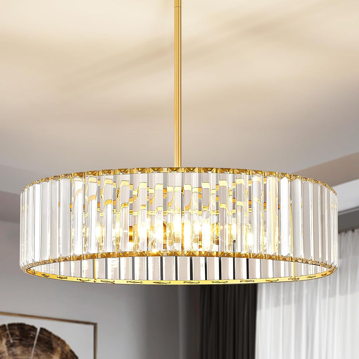 Gold Crystal Chandelier, Modern Semi Flush Mount Chandelier 3-Lights Ceiling Lighting Fixtures, Round Kitchen Ceiling Hanging Pendant Light for Bedroom Entryway Foyer Dining Room, 11.8 Inch - Grand Goldman