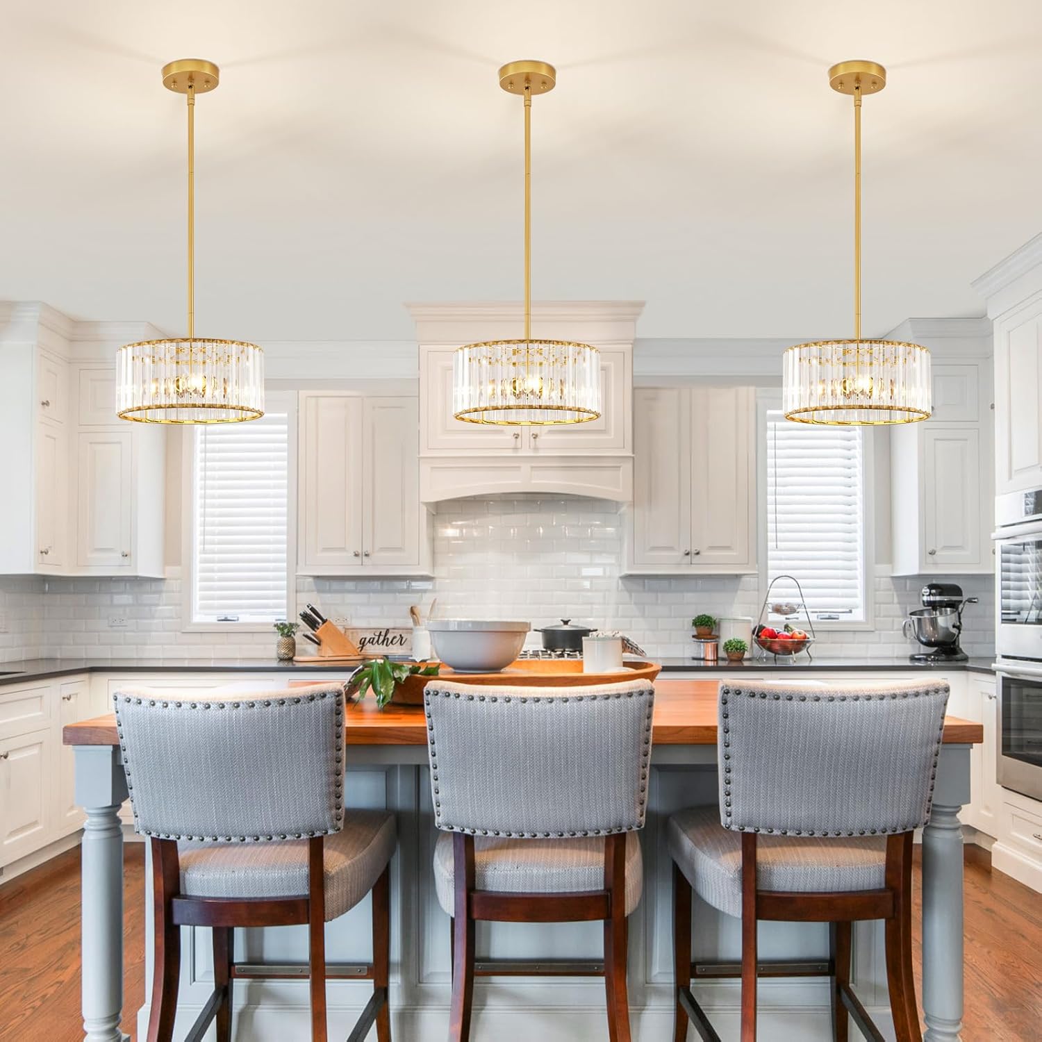 Gold Crystal Chandelier, Modern Semi Flush Mount Chandelier 3-Lights Ceiling Lighting Fixtures, Round Kitchen Ceiling Hanging Pendant Light for Bedroom Entryway Foyer Dining Room, 11.8 Inch - Grand Goldman