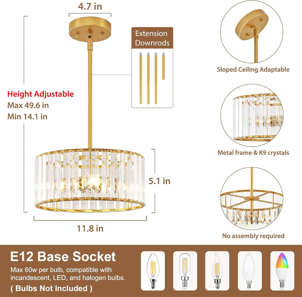 Gold Crystal Chandelier, Modern Semi Flush Mount Chandelier 3-Lights Ceiling Lighting Fixtures, Round Kitchen Ceiling Hanging Pendant Light for Bedroom Entryway Foyer Dining Room, 11.8 Inch - Grand Goldman