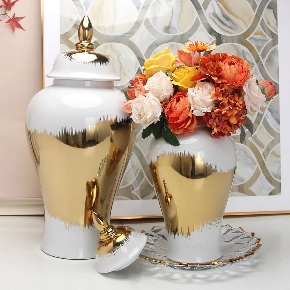 Gold Gradient General Jar Ceramic Ginger Jar Porcelain Crafts Storage Tank Flower Vase Vintage Cans Decorative Accessories - Grand Goldman