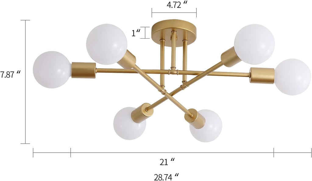 Gold Modern Sputnik Chandelier Ceiling Light Fixtures,6-Lights Industrial Metal Semi Flush Mount Ceiling Light for Bedroom Dining Room Living Room Kitchen Hallway UL Listed - Grand Goldman