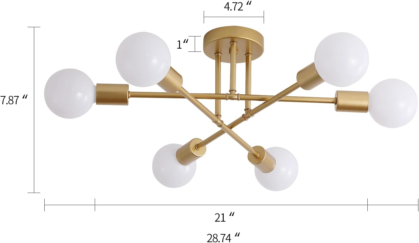 Gold Modern Sputnik Chandelier Ceiling Light Fixtures,6-Lights Industrial Metal Semi Flush Mount Ceiling Light for Bedroom Dining Room Living Room Kitchen Hallway UL Listed - Grand Goldman