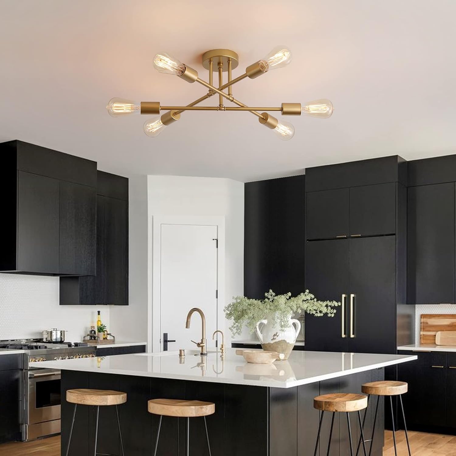 Gold Modern Sputnik Chandelier Ceiling Light Fixtures,6-Lights Industrial Metal Semi Flush Mount Ceiling Light for Bedroom Dining Room Living Room Kitchen Hallway UL Listed - Grand Goldman