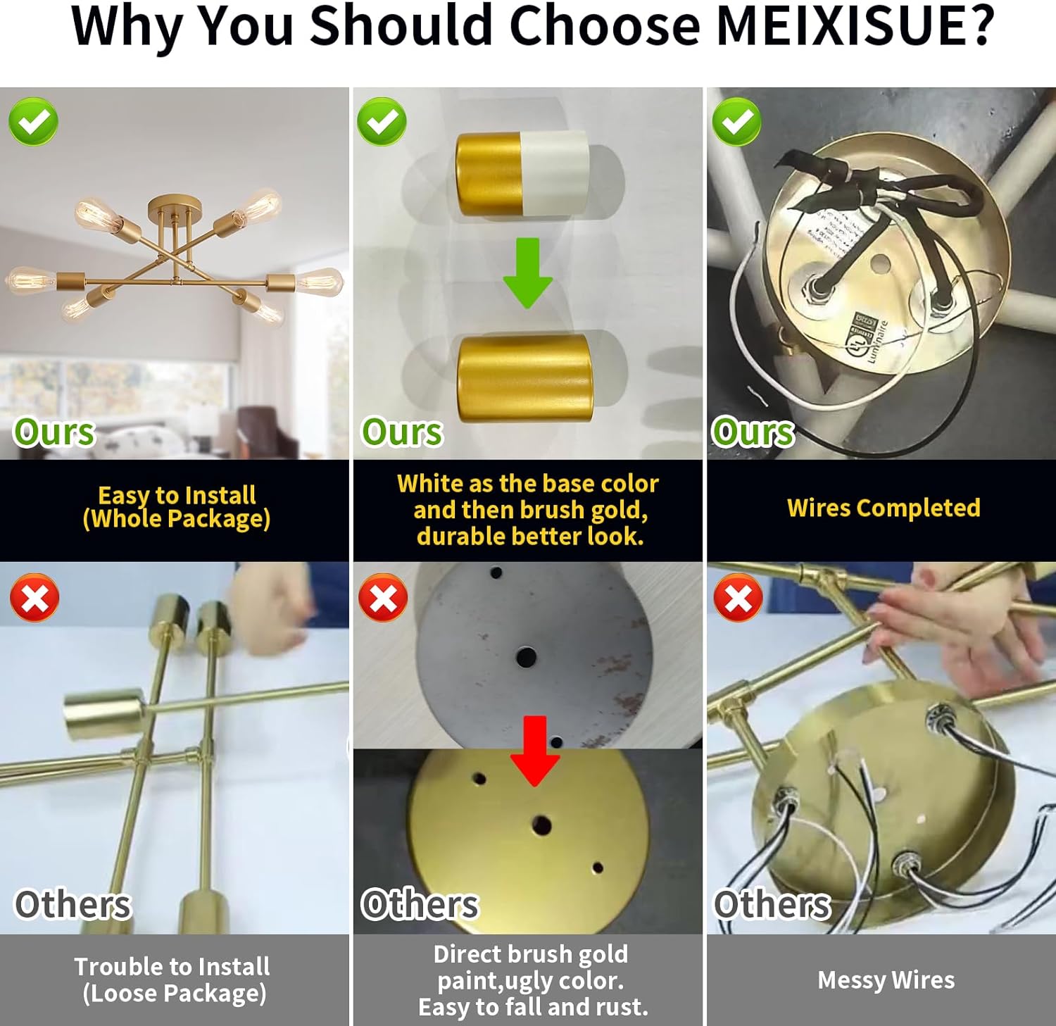 Gold Modern Sputnik Chandelier Ceiling Light Fixtures,6-Lights Industrial Metal Semi Flush Mount Ceiling Light for Bedroom Dining Room Living Room Kitchen Hallway UL Listed - Grand Goldman