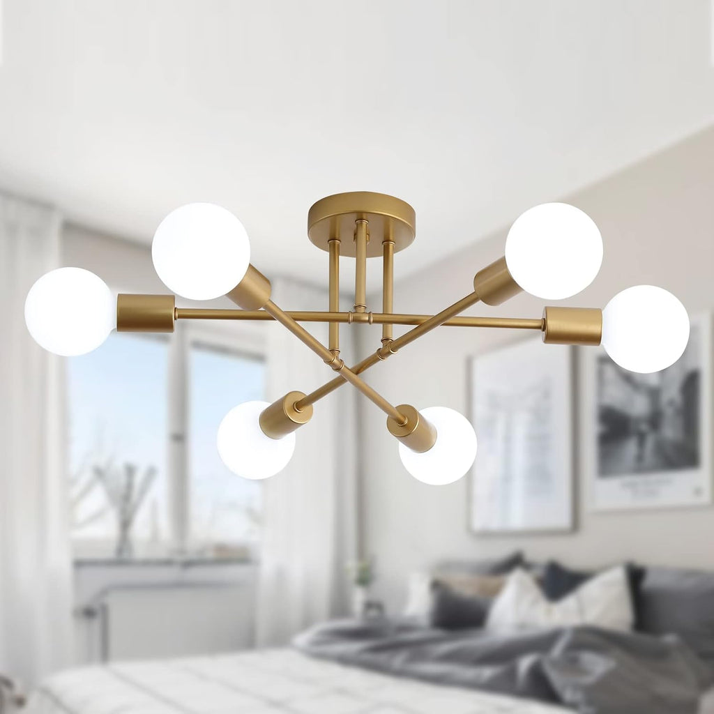 Gold Modern Sputnik Chandelier Ceiling Light Fixtures,6-Lights Industrial Metal Semi Flush Mount Ceiling Light for Bedroom Dining Room Living Room Kitchen Hallway UL Listed - Grand Goldman