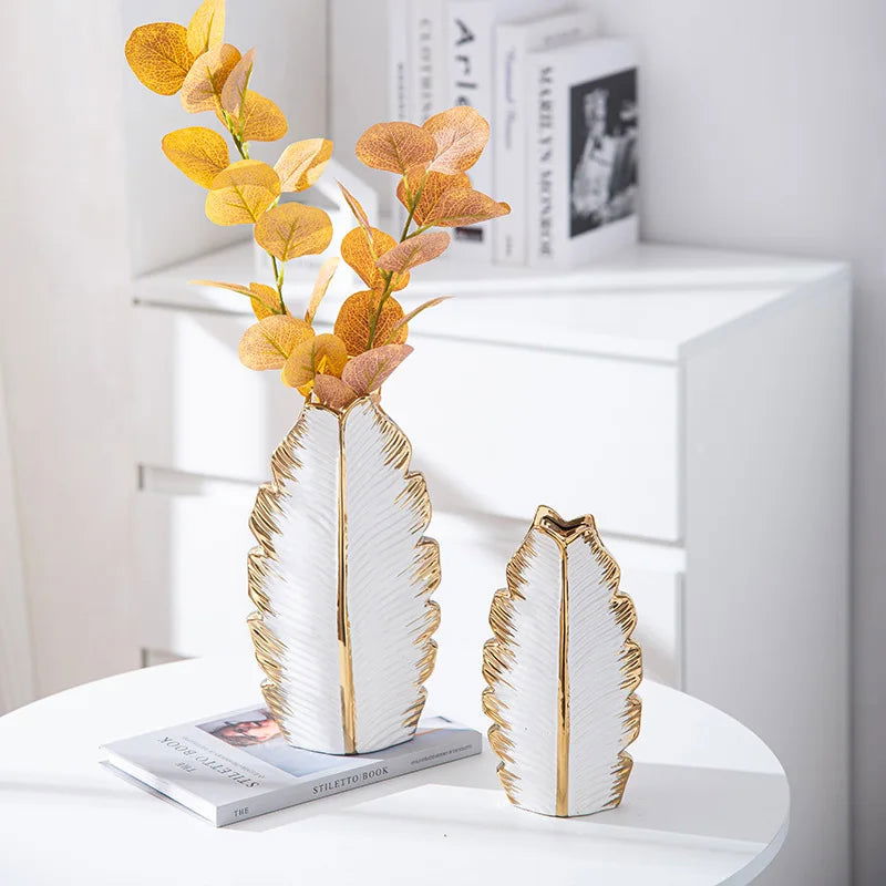 Gold Plated Feather Ceramic Vase Home Decor Creative Design Porcelain Decorative Flower Pot For Wedding Decoration - Grand Goldman