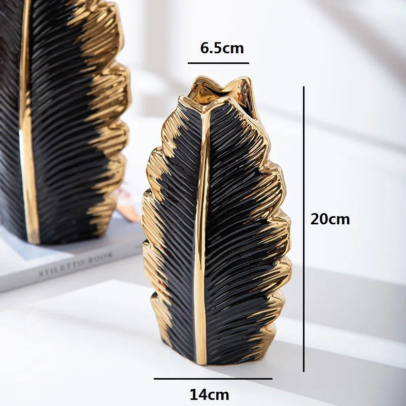 Gold Plated Feather Ceramic Vase Home Decor Creative Design Porcelain Decorative Flower Pot For Wedding Decoration - Grand Goldman