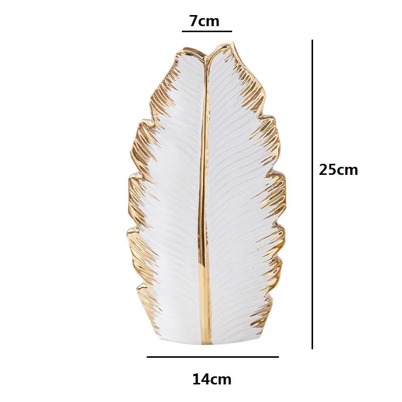 Gold Plated Feather Ceramic Vase Home Decor Creative Design Porcelain Decorative Flower Pot For Wedding Decoration - Grand Goldman